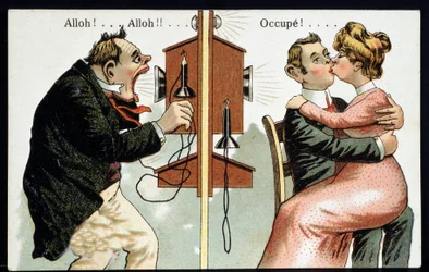 Humorous postcard on the phone, early 20th century
