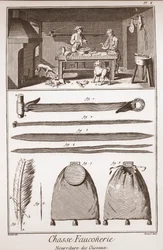 Hunting - Falconry - Food of birds - Engraving by Benard after Goussier - The Great Encyclopedie, or Dictionary of the Sciences, Arts and Professions by Denis Diderot