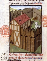 Hunting Dogs in a Kennel - in Hunting Book by Gaston Phoebus, Count of Foix, Lord of Béarn