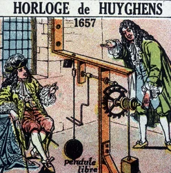 Huyghens clock 1657 (free pendulum) - engraving, early 20th century