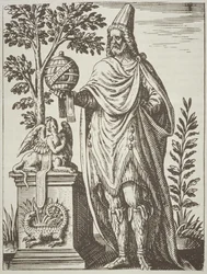 Ideal Portrait of Apollonius of Tyana, from De Divinatione et Magicis Praestigiis by Jean-Jacques Boissard, 1605, published in A History of Magic late 19th century