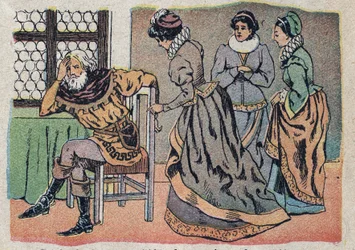 Illustration for the tale Beauty and the Beast: the merchant lost in pain. Engraving of Quinn imagery, circa 1890.