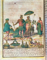 Illustration from a History of Peru Showing an Inca King and Queen with Indian Attendants and a Diagram of a Bicharra