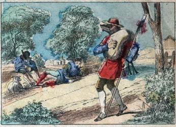 Illustration of the fable by Jean de la Fontaine: the wolf became a shepherd