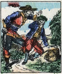 Illustration of the tale “Raminagrobis and the Mice”. Wood engraving from Imaging Pellerin - Epinal, late 19th century.