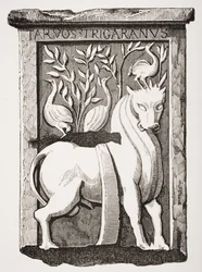 Image of the Holy Ox Celtic monument found under the choir of Notre Dame Cathedral in Paris in 1711, from Le Moyen Age et La Renaissance by Paul Lacroix (1806-84) published 1847