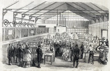 Empress Eugenie and Imperial Prince visit the Banque de France, 23 June 1866 - printing of banknotes - engraving in Le MONDE Illustre DU 07/07/1866