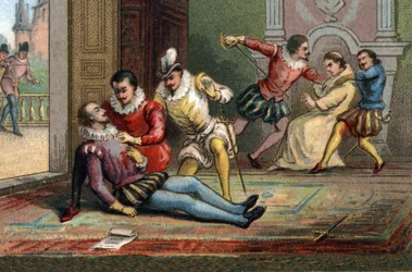 In 1589, the monk Jacques Clément murdered King Henry III with a stab after having made him read a letter. The king died in the arms of Henry of Navarre. Chromolithography around 1890.