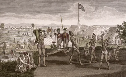 Indian Warriors Exercising with a View of the English Residents Camp, c.1810