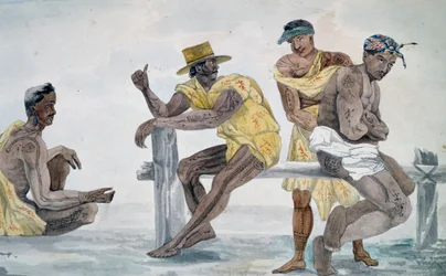 Inhabitants of Tahiti, Society Islands, watercolor based on Voyage around world