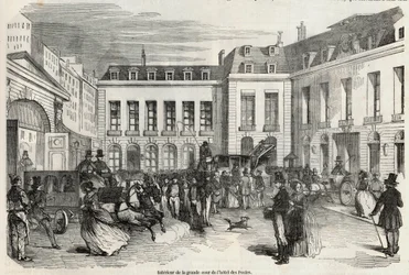 Interior of the grand courtyard of the Hotel des Postes in Paris - Engraving in 