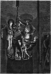 Interior appearance of a coal mine well: ascent of the dumpster. 1861. Engraving in Le Monde Illustré n°238 of November 2