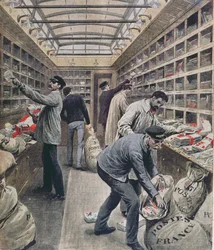 Interior of a French railway postal wagon at the time of the French Postal Strike in 1909, illustration from Le Petit Journal, 28th March 1909