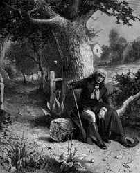 Isaac Newton (1642-1727), English mathematician and astronomer, discovering the notion of earth gravity through an apple falling from an apple tree of Woolsthorpe.