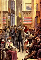 Italian emigrants in Paris in the Gare Saint Lazare railway station in March 1896 (engraving)
