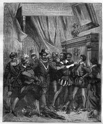 Jean Chastel after the Attempt to Assassinate King Henry IV of France on 27 December 1594. Engraving of the 19th century.