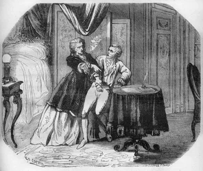 Jeanne Agnes Berthelot de Plemont, Marquise de Pré (1698-1727) obliges her lover Louis Henry, Duke of Bourbon and Prince of Conde, to name all her admirers knights of the Holy Spirit (Order of the Holy Spirit). Engraving in 