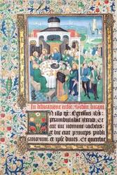 Jesus eating at the house of the tax collector, Zacchaeus and the Entry into Jerusalem, miniatures from the Gospel of Luke