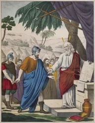 Joshua appointed by Moses as his successor, illustration from a catechism L