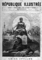July 14: Allegory of the French Republic. A woman crowned with laurels and holding a sword. At her feet, a lion, a palm and the table of laws. Above it, the motto of the Republic Liberty, Equality, Fraternity. On the sides, intellectual and political figur