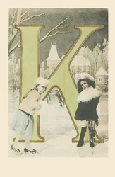Two girls, sliding and ice skating in winter