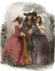 King of France Louis XIV (1638-1715) with Hortense Mancini (1646-1699) and his sister Marie Mancini (1639-1715). Nieces of Mazarin. Engraving of the 19th century