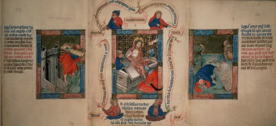 The Resurrection, Samson breaking down the gates of Gaza, Jonah escaping from the whale, from the Biblia Pauperum, early 15th century