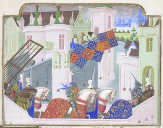 Knights and ladies ride out to a tournament in London, from Froissart