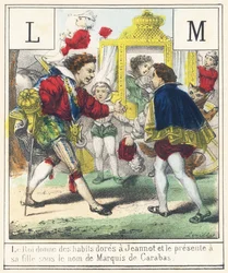 The King gives Jeannot golden clothes and presents him to his daughter as the Marquis de Carabas