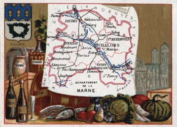 La Marne (51) in Champagne Ardenne (Champagne-Ardenne), France. Local specialities: champagne and the Cathedrale de Reims. Series on the French Departments. Chromolithography 