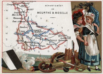 La Meurthe et Moselle (Meurthe-Et-Moselle, 54), Lorraine, France. Portrait of two revolutionary women. Series on the French Departments. Chromolithography 