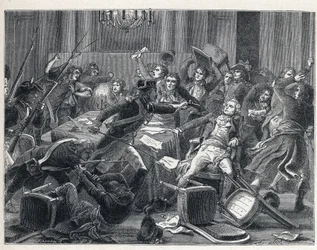 The Terror during the French Revolution: arrest of Maximilian de Robespierre (1758-1794) and his supporters reunited at the Hotel de Ville de Paris on 9 Thermidor year II (27 July 1794). In the center, a gendarme fired a pistol at Robespierre