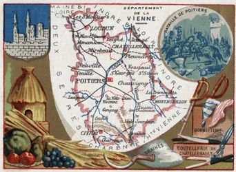 La Vienne (86), Poitou-Charentes, France. Seeds, Chatellerault Cutlery and Hosiery. Series on the French Departments. Chromolithography 