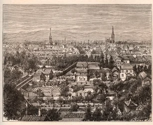 La ville de Mulhouse (Haut-Rhin) - engraving in La France illustree: geography, history, administration statistique by V.A. Malt-Brown. 1884