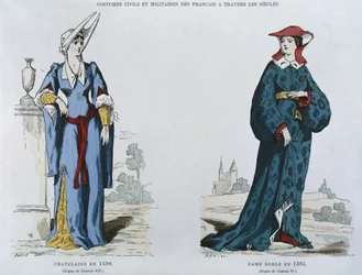 Lady in 1498 under the reign of Charles VIII, noblewoman in 1395 under the reign of Charles VI, from Costumes civils et militaires des francais a travers les siecles