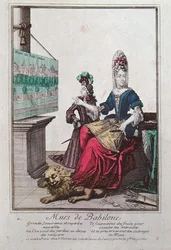 Lady Showing a Picture of Semiramis and the Hanging Gardens of Babylon