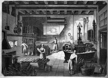 Large French industries in the 19th century: Drouot appliances for baking. Fournil de M. Courcier, rue Saint Maur in Paris. In 