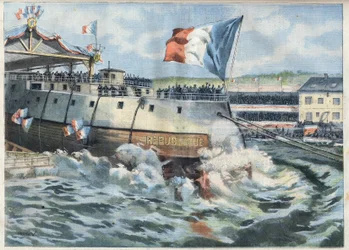 Launch of the Cuirasse Republique in Brest, France. Engraving in Le Petit Parisien