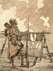 Le Bleuet. Symbol of memory and solidarity in France, for veterans and victims of the first world war. 1st World War French propaganda illustration evoking French victories through the ages. From Agenda Buvard du Bon Marche published 1917.