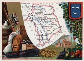 Le Cher (18), Centre, France. Series on the French Departments. Beer, barley, leather, wine and knives. Chromolithography 