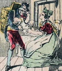 Le Pere Fouettard French character for the whipping father, legendary figure of folklore punishing the naughty children and enclosing the disobedient ones, Epinal picture 19th century