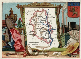 Le Rhone (69), Rhone-Alpes, France. Local Speciality: Silk, Brown, Lace. Series on the French Departments. Chromolithography 