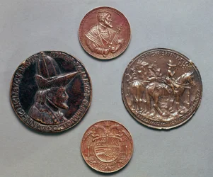 Left and Right: verso = John Palaeologus, recto = Equestrian Effigy of the Emperor, by Pisanello; Top to Bottom: verso = Charles V, recto = The Great Coat of Arms of the Empire, by Hans Reinha
