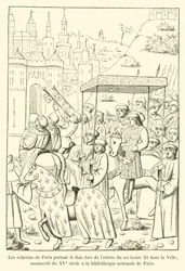 The aldermen of Paris carrying the canopy during the entry of King Louis XI into the City; manuscript of the 15th century at the National Library of Paris