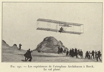 Experiments of the Archdeacon Aeroplane at Berck, Gliding Flight (engraving)