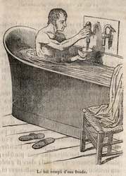 Les gestures du bain - Hygiene in the 19th century - man in a bathtub - engraving in La Sante Universelle - Guide Medical des Familles 1852