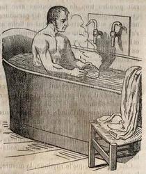 Les gestures du bain - Hygiene in the 19th century - man in a bathtub - engraving in La Sante Universelle - Guide Medical des Familles 1852
