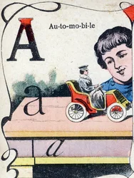 Letter A: Automobile. Engraving in "ABC des joux pour petits boys". Late 19th century