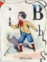 Letter B: Bilboquet. Engraving in "ABC des joux pour petits boys". Late 19th century