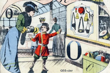 Letter O: Officer. Engraving in "ABC des joux pour petits boys". Late 19th century